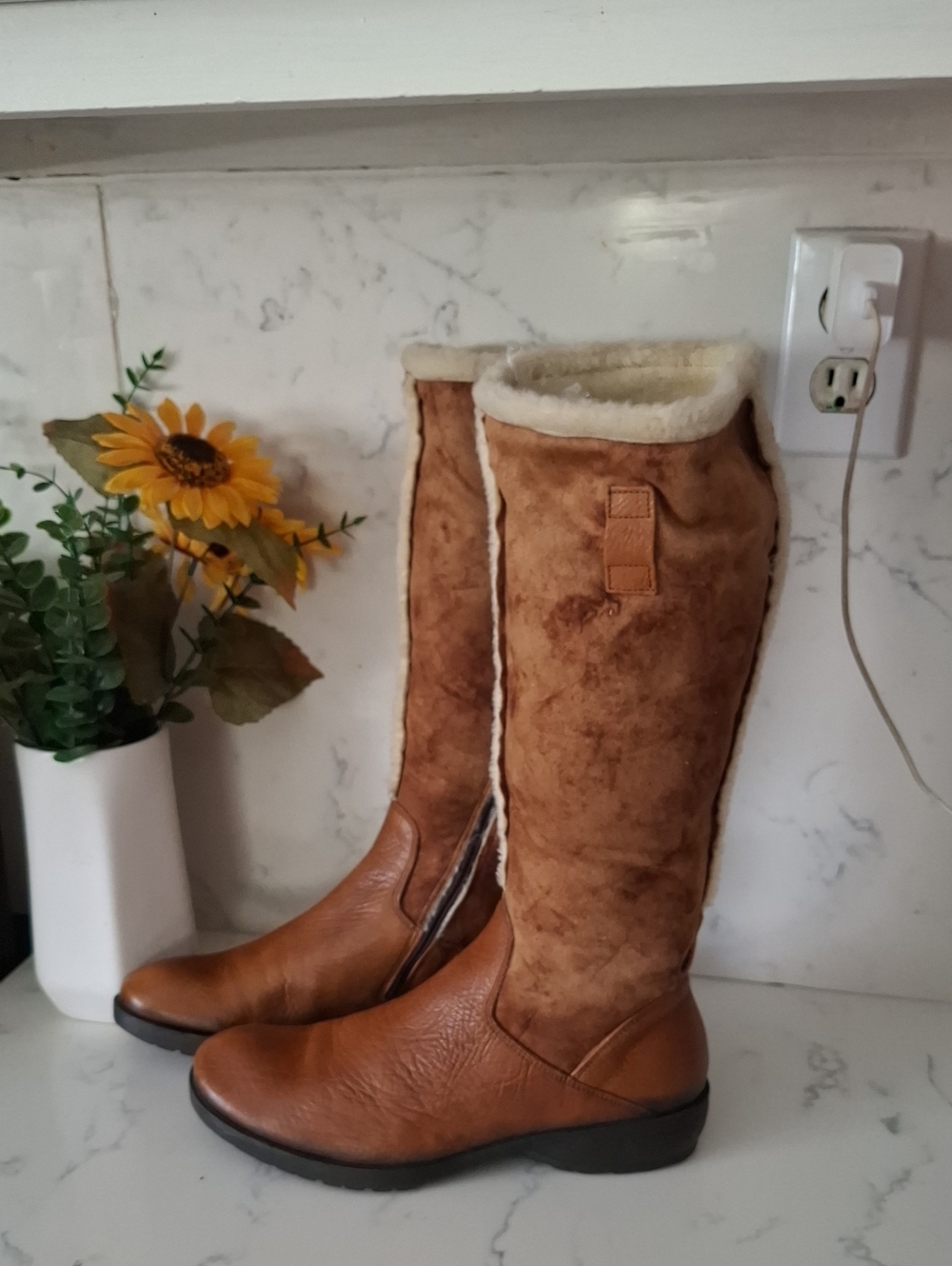 Vic Matie Brown Shearling-Trim Leather Knee Boots